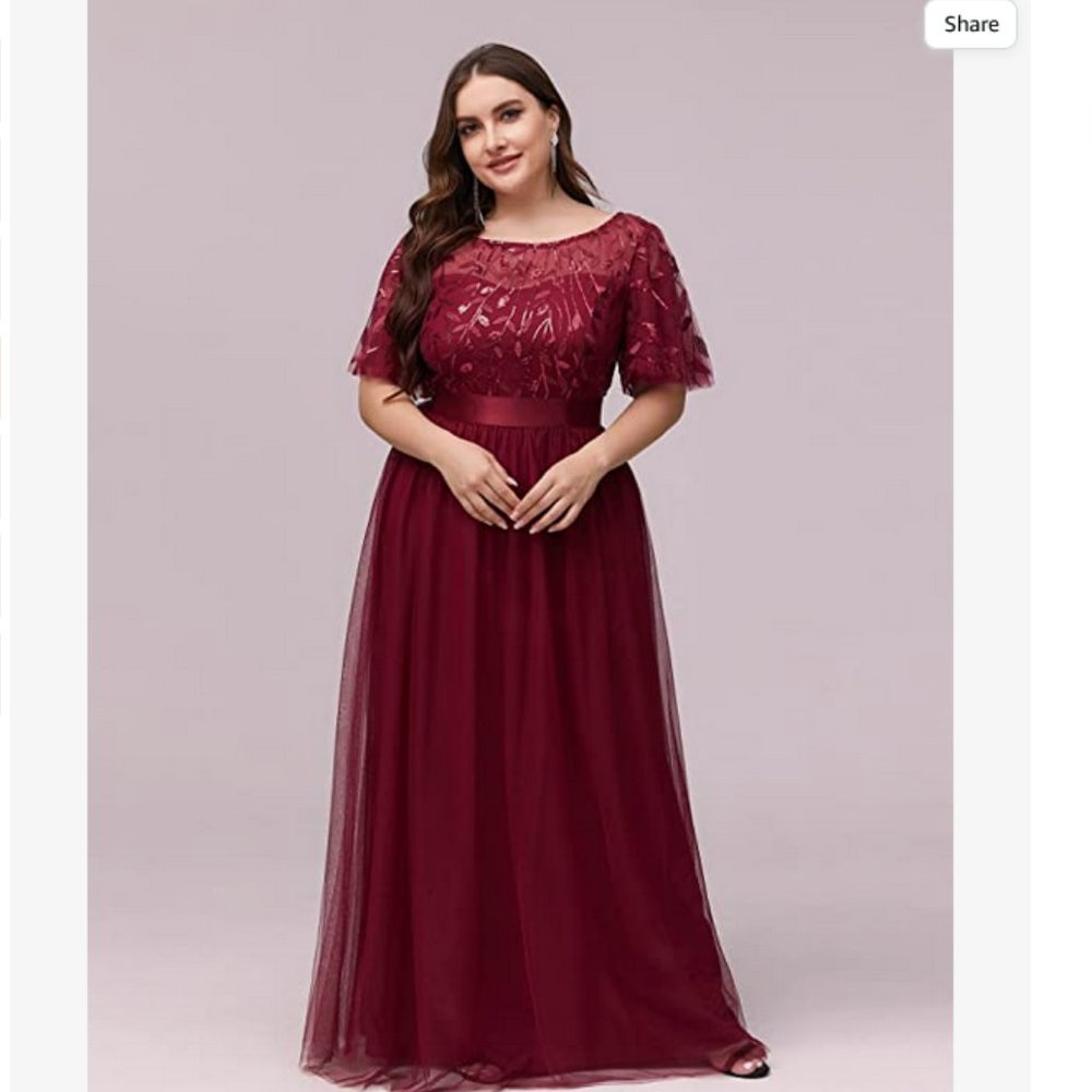 Ever Pretty Burgundy Round Neck Sequin A-Line Tulle Evening Party Dress Size 18